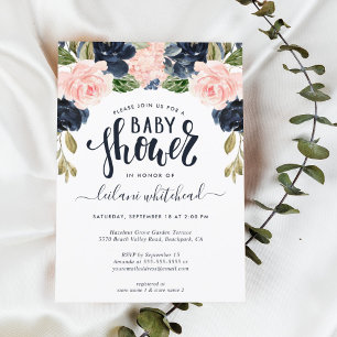 Baby Shower Pink Navy Floral Invitation