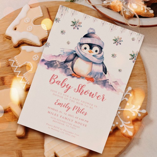 Baby Shower Pink Penguin Invitation (Creator Uploaded)
