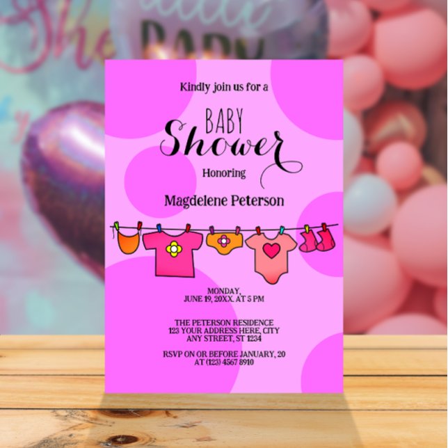 Baby Shower Pink Polkadot Clothesline Invitation (Creator Uploaded)