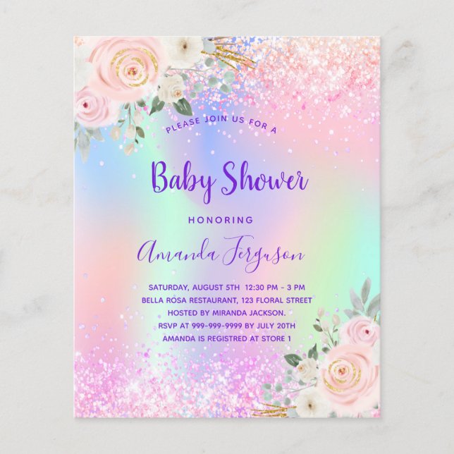 Baby Shower pink purple glitter floral budget Flyer (Front)