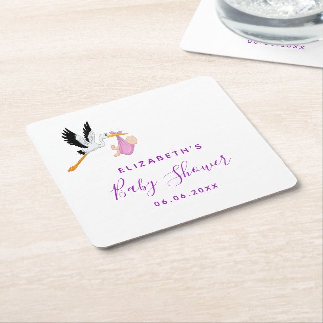 Baby shower pink purple white stork square paper coaster (Angled)