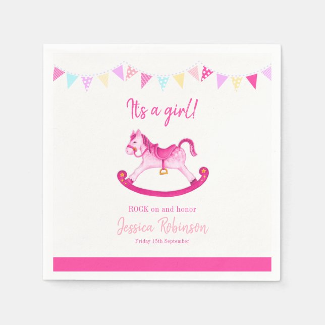 Baby shower pink rocking hobby horse custom name napkin (Front)