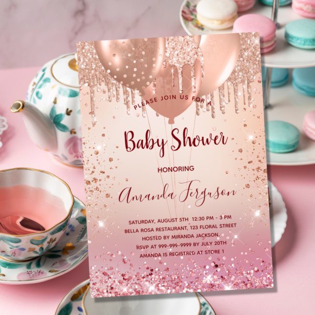 Baby Shower pink rose gold balloons girl Invitation (Creator Uploaded)