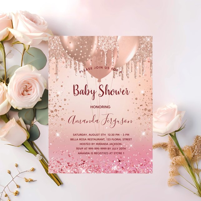 Baby Shower pink rose gold glitter balloons girl Invitation Postcard (Creator Uploaded)