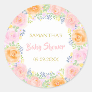 Baby Shower Pink Roses Watercolor Floral Girly Classic Round Sticker
