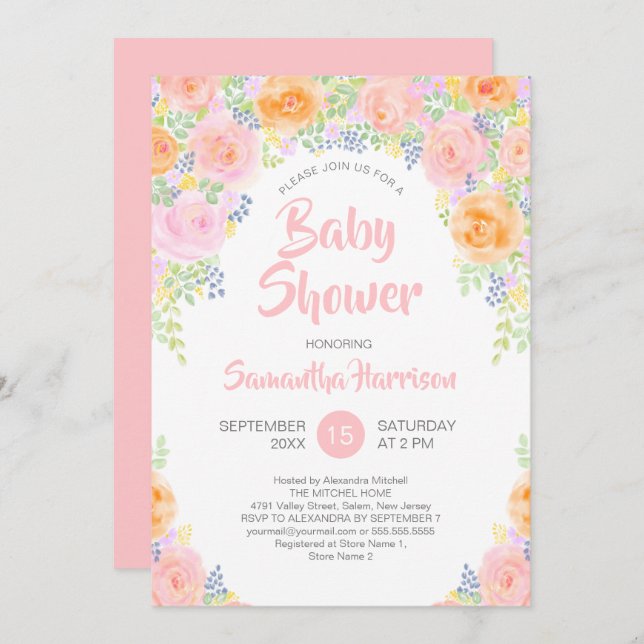 Baby Shower Pink Roses Watercolor Floral Girly Invitation (Front/Back)
