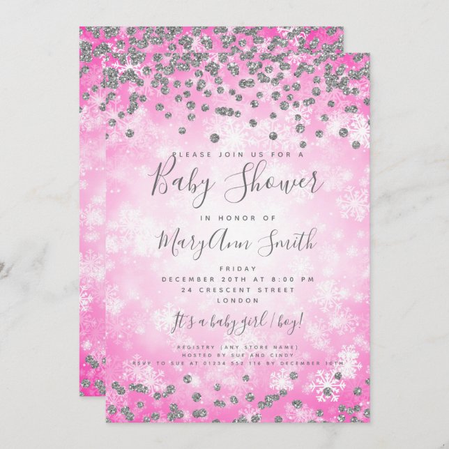 Baby Shower Pink Silver Glitter Winter Wonderland Invitation (Front/Back)