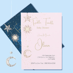 Baby Shower Pink Stars Moon Twinkle Invitation