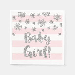 Baby Shower Pink Stripes Silver Snowflakes Napkin
