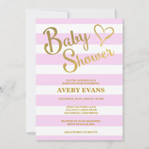 Baby Shower Pink Stripes with Gold Lettering Heart Invitation