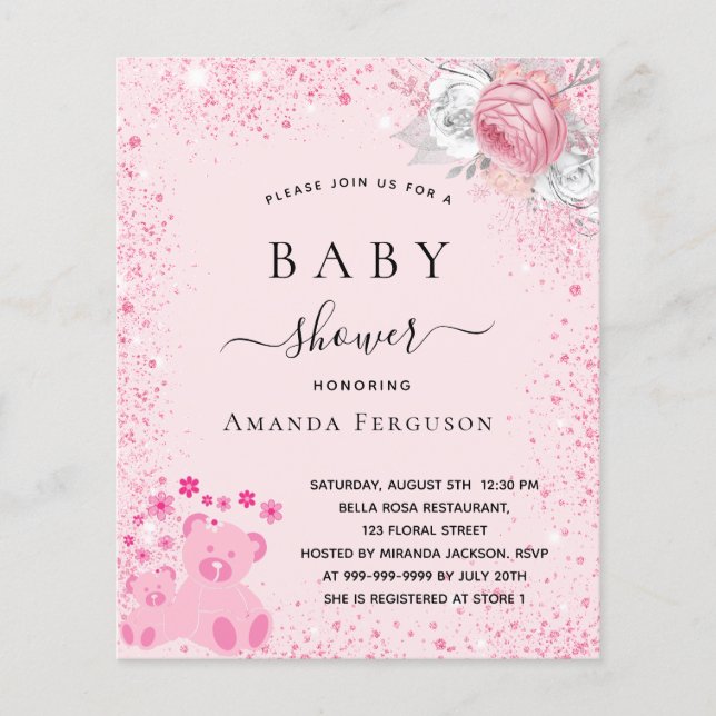 Baby shower pink teddy bear girl budget invitation flyer (Front)