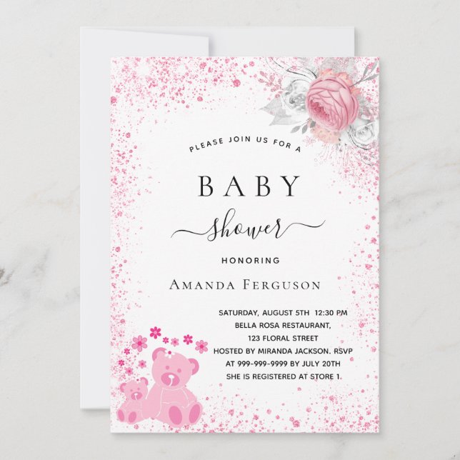 Baby shower pink teddy bear girl floral glitter  invitation (Front)