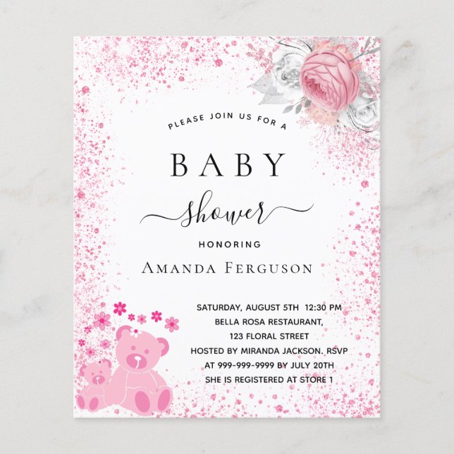 Baby shower pink teddy girl budget invitation flyer (Front)
