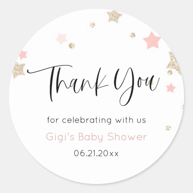 Baby Shower Pink Twinkle Star Thank You Classic Round Sticker (Front)