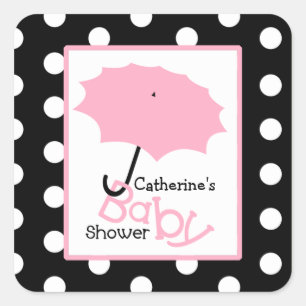 Baby Shower Pink Umbrella & Polka Dots Square Sticker