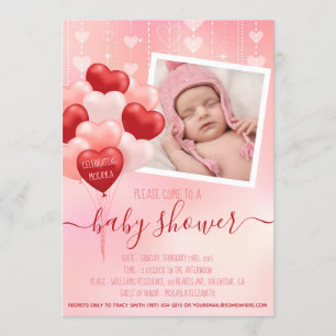 Baby Shower Pink Valentine Hearts Balloons Photo Invitation