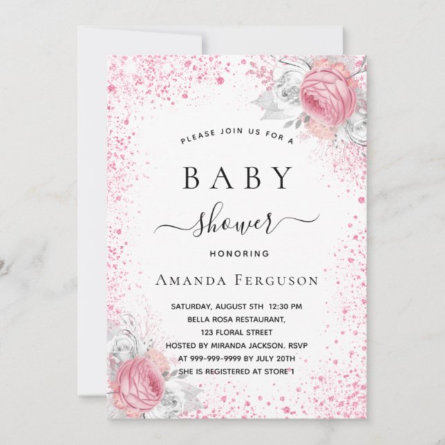 Baby shower pink white glitter girl floral invitation (Front)