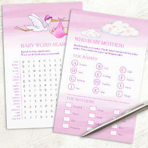 Baby shower pink word search baby match game  flyer