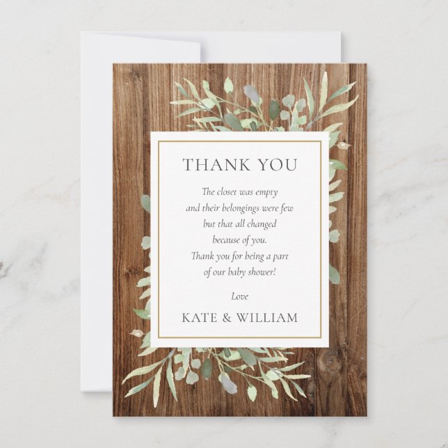 Baby Shower Poem Greenery Leaves Rustic Wood Thank You Card (Front)