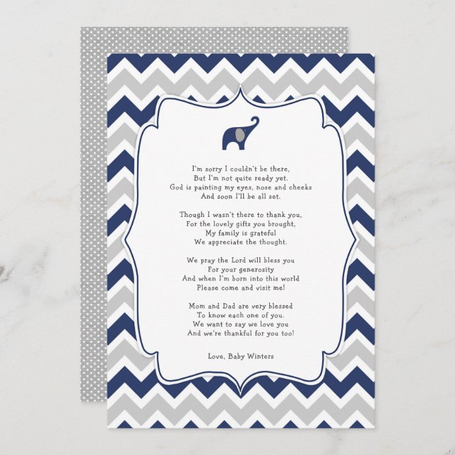 Baby shower poem thank you notes, navy elephant invitation (Front/Back)