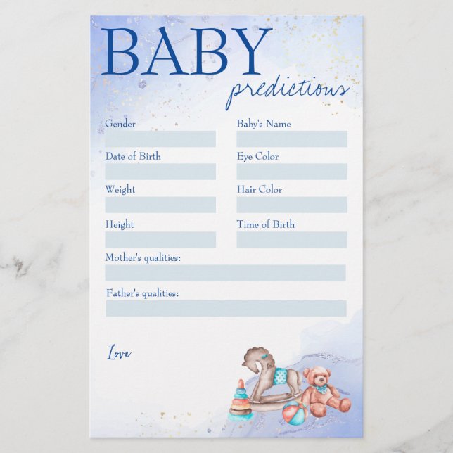 Baby shower prediction game blue baby boy stationery (Front)