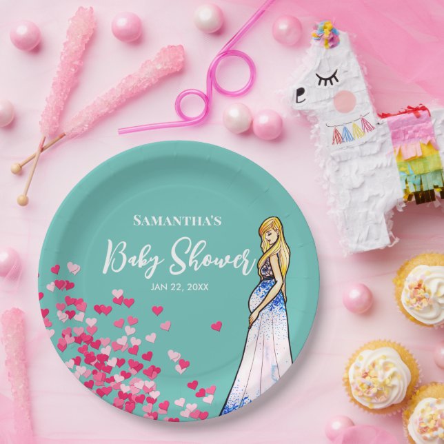 Baby Shower Pregnant Lady in Long Dress Hearts  Paper Plate (Party)