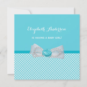 Baby Shower Pretty Aqua Gingham Cute Blue Bow Invitation