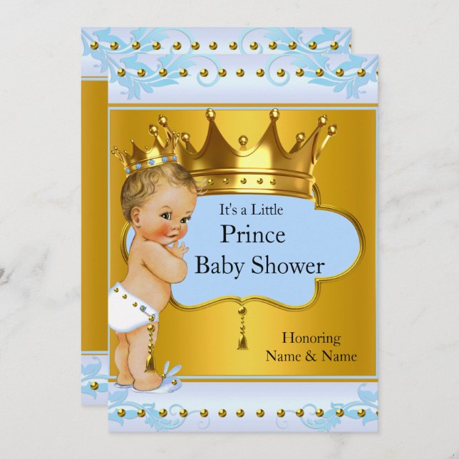Baby Shower Prince Boy Blue Gold Crown Blonde Invitation (Front/Back)