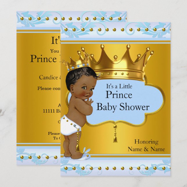 Baby Shower Prince Cute Boy Blue Gold Crown Ethnic Invitation (Front/Back)