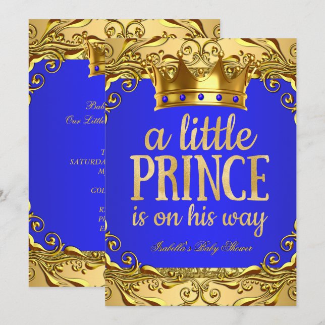 Baby Shower Prince on his way Gold Royal Blue Invitation (Front/Back)