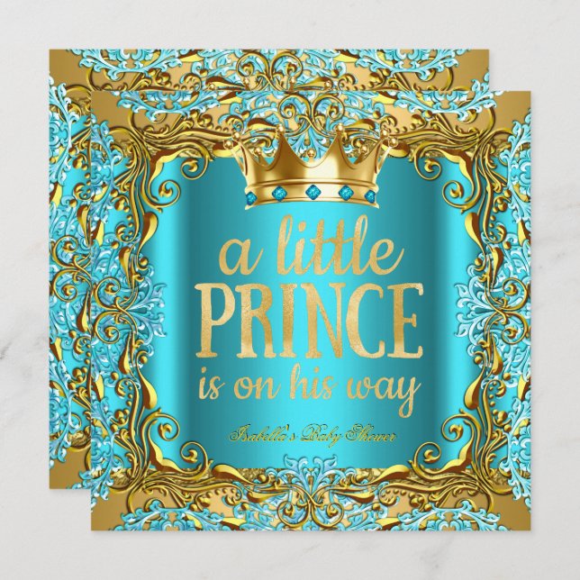 Baby Shower Prince on the way Gold Teal Aqua Invitation (Front/Back)