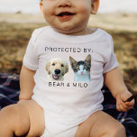 Baby Shower Protected by Pets Custom Dogs and Cats Baby Bodysuit<br><div class="desc">Baby Shower Protected by Pets Custom Dogs and Cats Name and Photo,  Replace the face with your favourite photo (make sure to crop as much to the face as possible and use an app to remove the background), </div>
