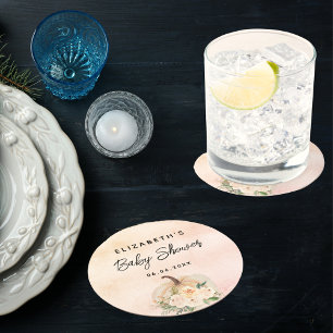 Baby shower pumpkin fall cream rose gold round paper coaster