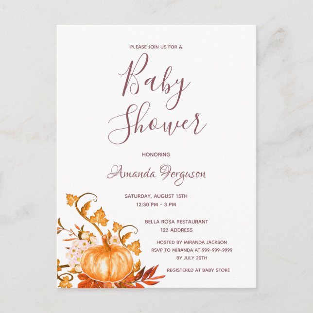 Baby Shower pumpkin fall golden white invitation Postcard (Front)