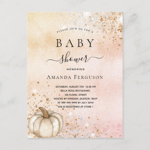 Baby shower pumpkin rose gold glitter fall invitation postcard