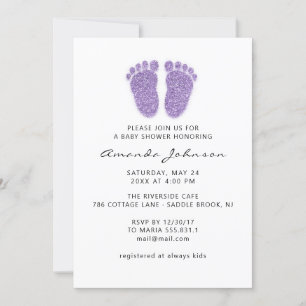Baby Shower Purple Feet Glitter Drips Boy Girl Invitation