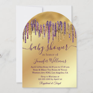 baby shower purple gold dripping glitters invitation