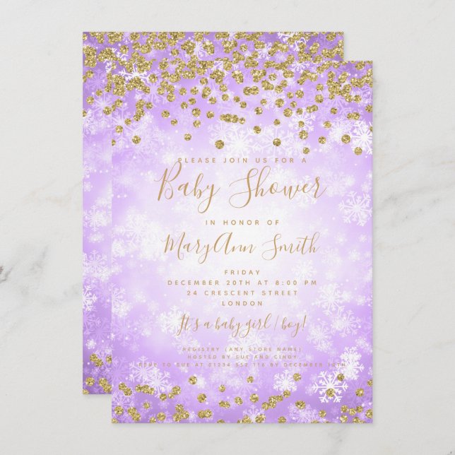 Baby Shower Purple Gold Glitter Winter Wonderland Invitation (Front/Back)