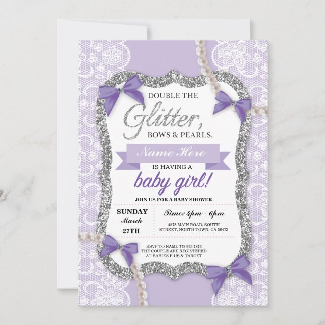 Baby Shower Purple Lace Glitter Bow Girl Invite (Front)
