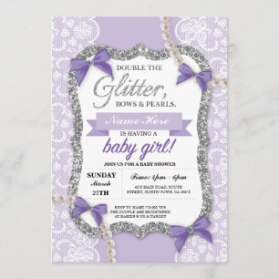 Baby Shower Purple Lace Glitter Bow Girl Invite