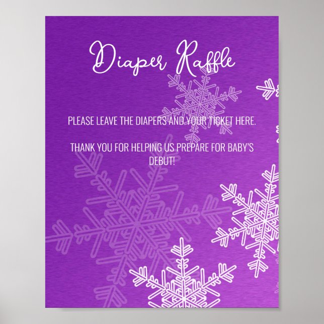 Baby Shower Purple Snowflakes Diaper Raffle Sign (Front)