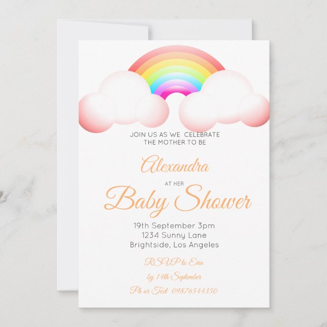 Baby Shower Rainbow Clouds Colourful Pink Invitation (Front)