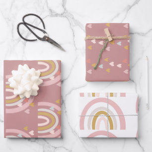 Baby Shower Rainbow Hearts Pink Wrapping Paper Sheet