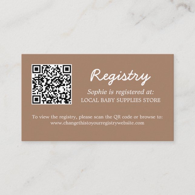 Baby Shower Registry QR Code Gentle Brown Enclosure Card (Front)