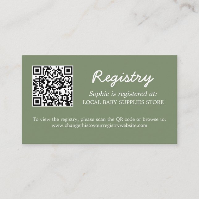 Baby Shower Registry QR Code Sage Green Enclosure Card (Front)