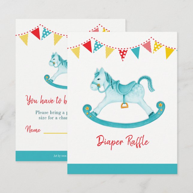 Baby shower rocking horse diaper raffle aqua enclosure card (Front/Back)