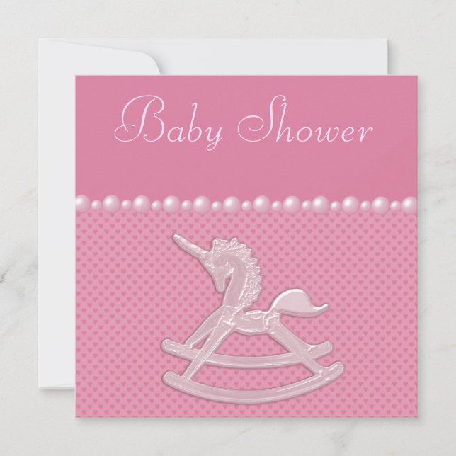 Baby Shower Rocking Horse Unicorn, Pearls & Hearts Invitation (Front)