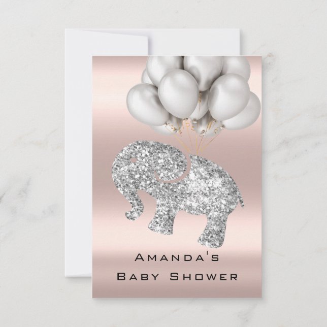 Baby Shower Rose Balloon Elephant Girl Boy Silver Invitation (Back)