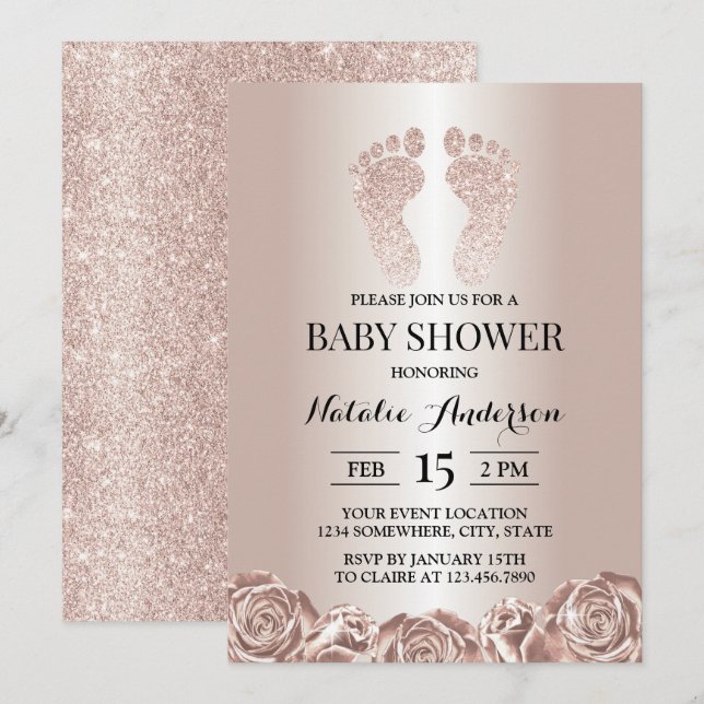 Baby Shower Rose Gold Baby Feet Modern Floral Invitation (Front/Back)