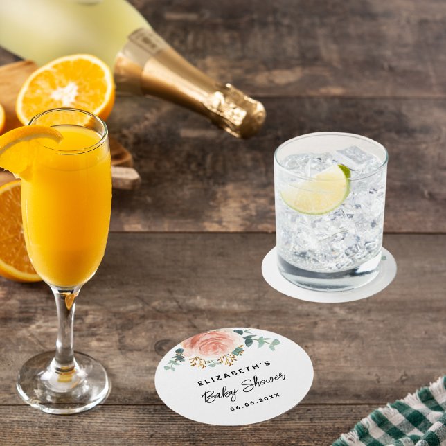 Baby shower rose gold flower greenery round paper coaster (Creator Uploaded)